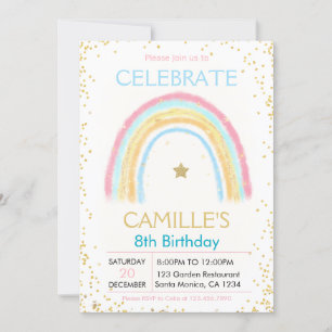 Girl Pink Pastel Gold Rainbow birthday Invitation