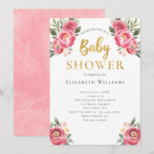 Girl Pink Peonies Watercolor Flowers Baby Shower Invitation