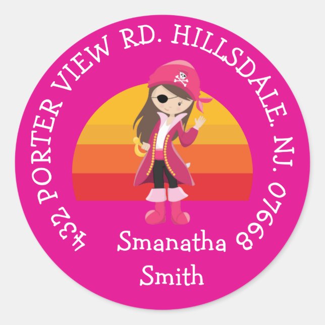 Girl Pink Pirate Party  ADDRESS  Classic Round Sticker (Front)