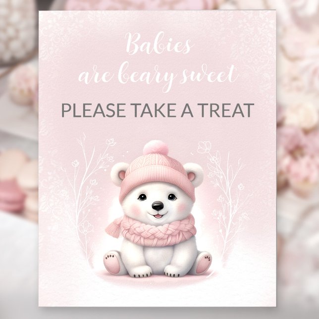 Girl Pink Polar Bear Baby Shower Favour Sign (Girl Pink Polar Bear Baby Shower Favor Sign)