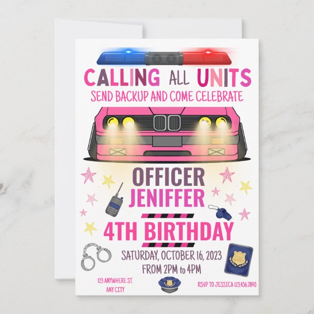 Girl Pink Police Officer Police Birthday Invitation (Front)