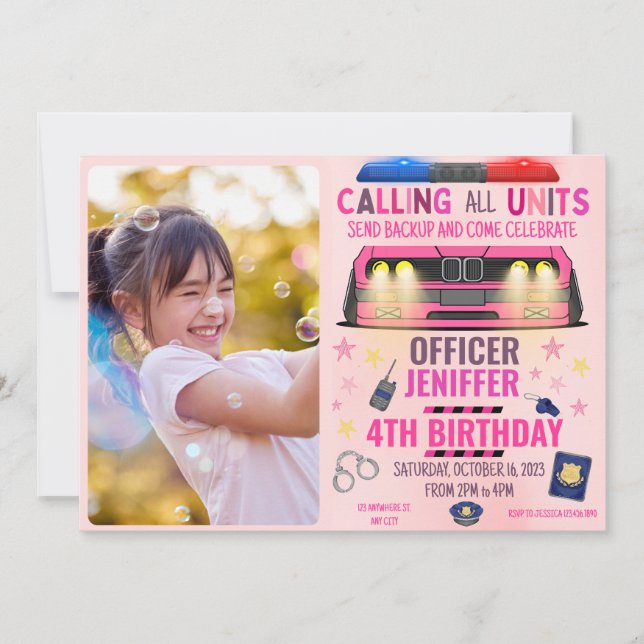 Girl Pink Police Officer Police Birthday Invitation (Front)