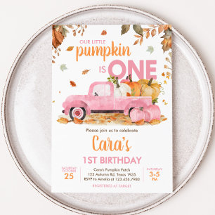 Girl Pink Pumpkin Truck Fall Birthday  Invitation