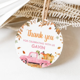 Girl Pink Pumpkin Truck Fall Birthday Round Favour Tags