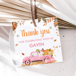 Girl Pink Pumpkin Truck Fall Birthday Square Favour Tags