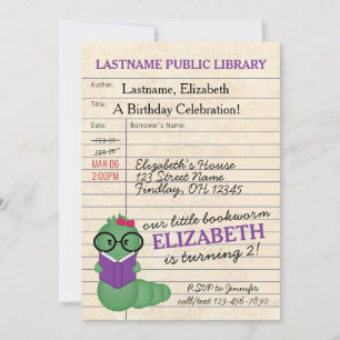 Girl Pink/Purple Bookworm Birthday Party Invitation