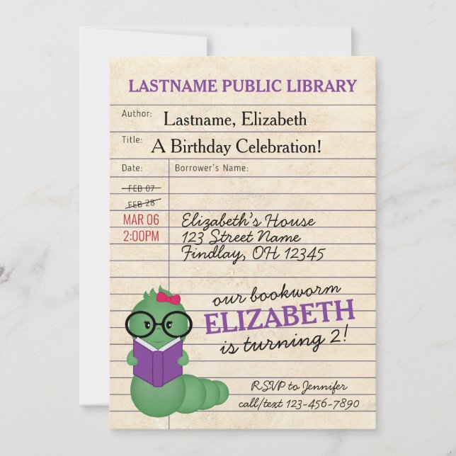 Girl Pink/Purple Bookworm Birthday Party Invitation (Front)