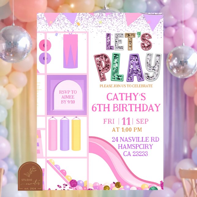 Girl Pink Purple Glitter Let's Play Indoor Playgro Invitation (Creator Uploaded)