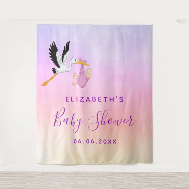 Girl pink purple rose gold cute stork baby shower tapestry (Front)