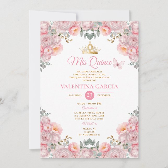 Girl Pink Quinceañera 15 Anos Flowers Gold Crown Invitation (Front)