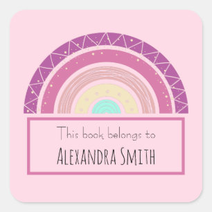 Girl pink rainbow This Book Belongs Name Square Sticker