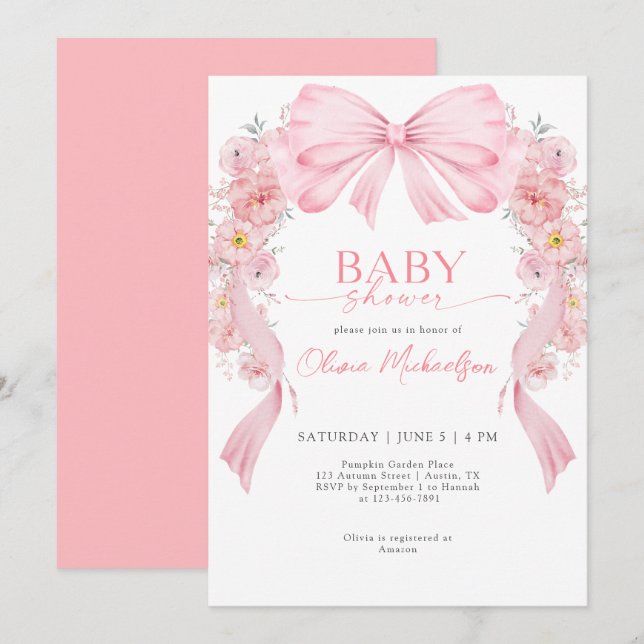 Girl Pink Ribbon Bow Coquette Flowers Baby Shower Invitation (Front/Back)