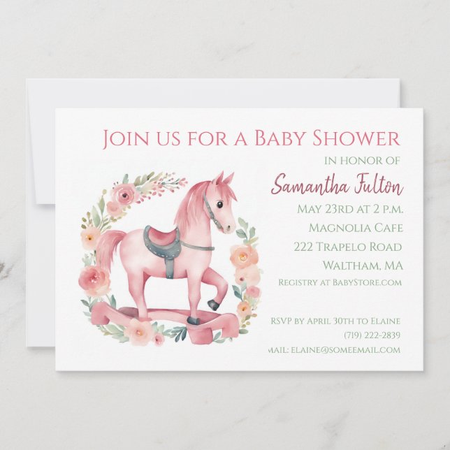 Girl Pink Rocking Horse Baby Shower Invitation  (Front)