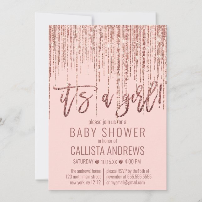 Girl Pink Rose Gold Glitter Fringe Baby Shower Invitation (Front)