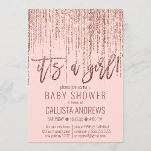 Girl Pink Rose Gold Glitter Fringe Baby Shower Invitation