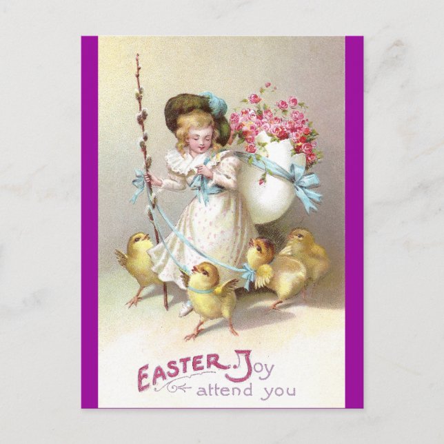 Girl, Pink Roses and Chicks on Leashes Postcard (Front)