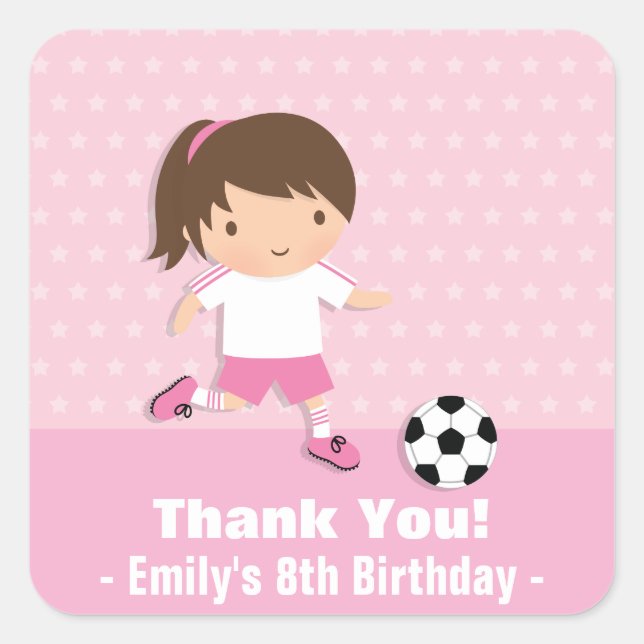 Girl Pink Soccer Birthday Party Thank You Stickers (Front)
