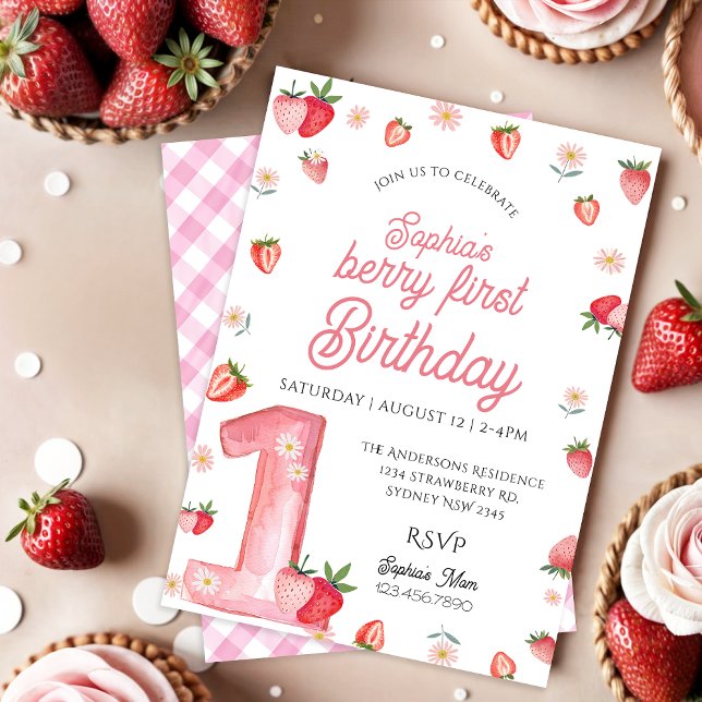 Girl Pink Strawberry Berry First Birthday Invitation (Creator Uploaded)