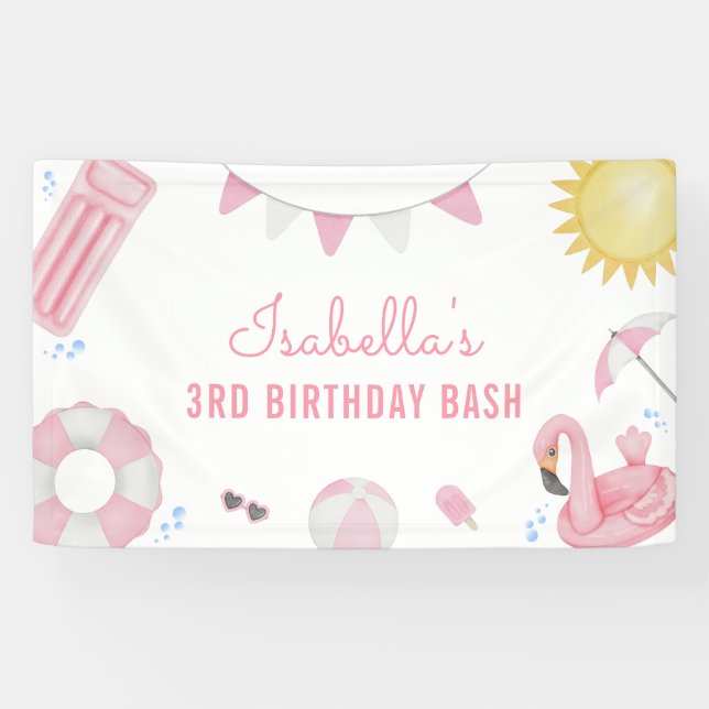 Girl Pink Summer Pool Party Birthday Banner (Horizontal)