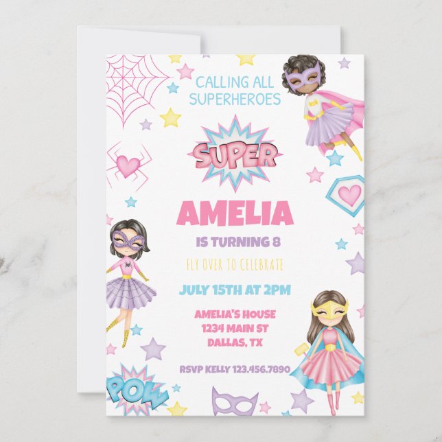 Girl Pink Superhero Birthday Invitation (Front)
