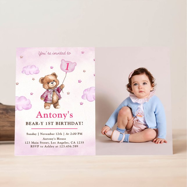 Girl Pink Teddy Bear Balloons First Birthday Invitation (Creator Uploaded)