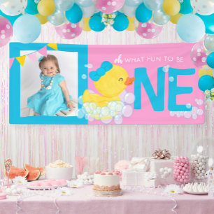 Girl Pink Watercolor Duck Oh What Fun Photo Party Banner