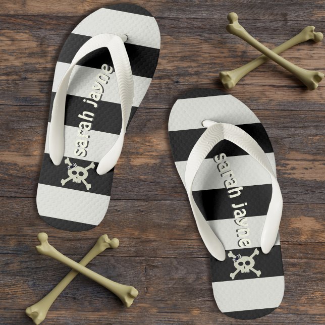 Girl Pirate Crossbones Black and White Stripes Kid's Flip Flops (Yarr! Add yer name to these cute pirate flip flops)
