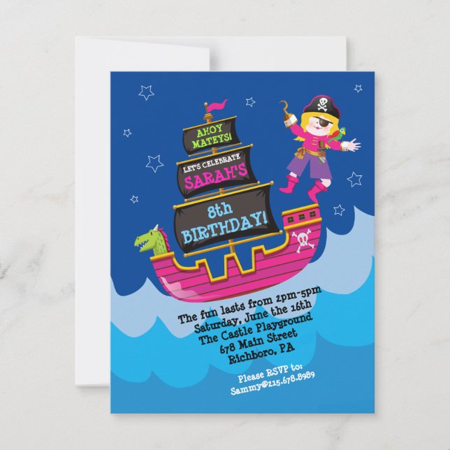 Girl Pirate Dragon Ship Birthday Party Invitation (Front)