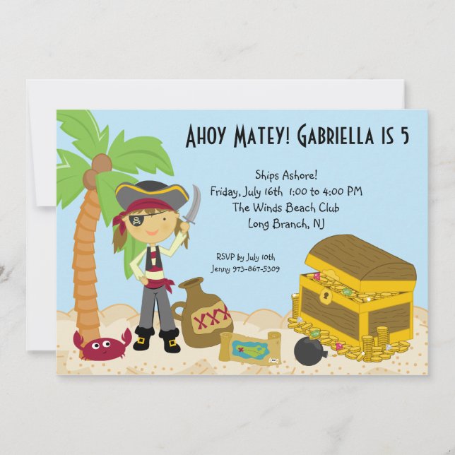 Girl Pirate on an Island Birthday Invitation (Front)
