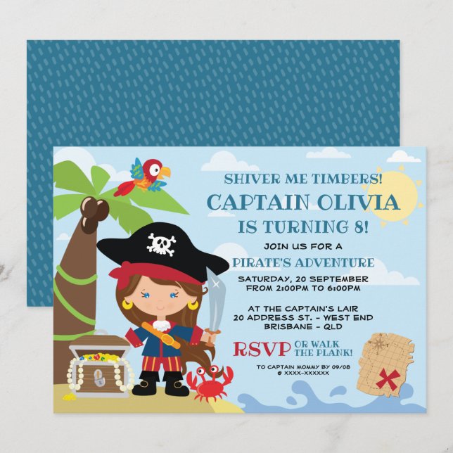 Girl Pirate Party Birthday Invitations (Front/Back)