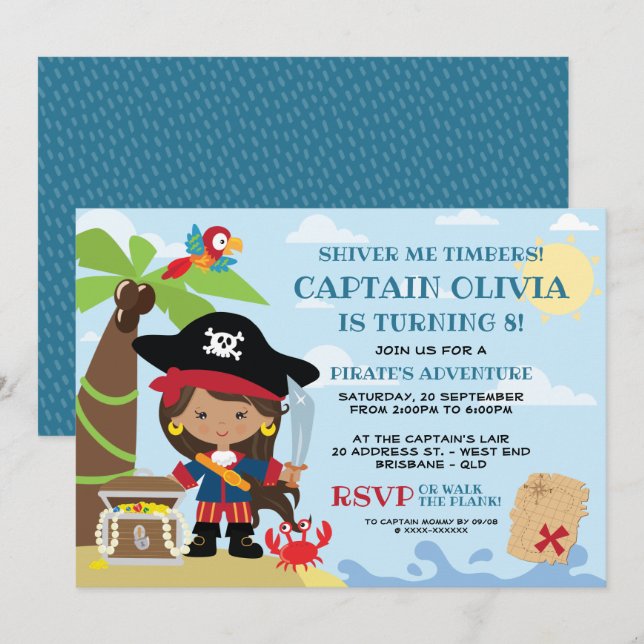 Girl Pirate Party Birthday Invitations (Front/Back)