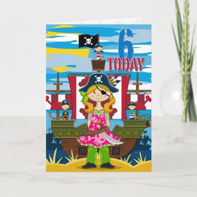 Girl Pirate Ship Scene 6th Birthday Card (Front)