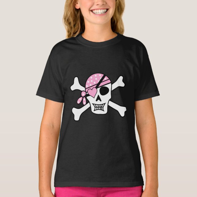 Girl Pirate Skull and Bones Black T-Shirt (Front)