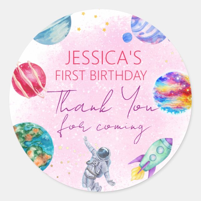 Girl Planets Moon Stars Baby Girl Birthday  Classic Round Sticker (Front)