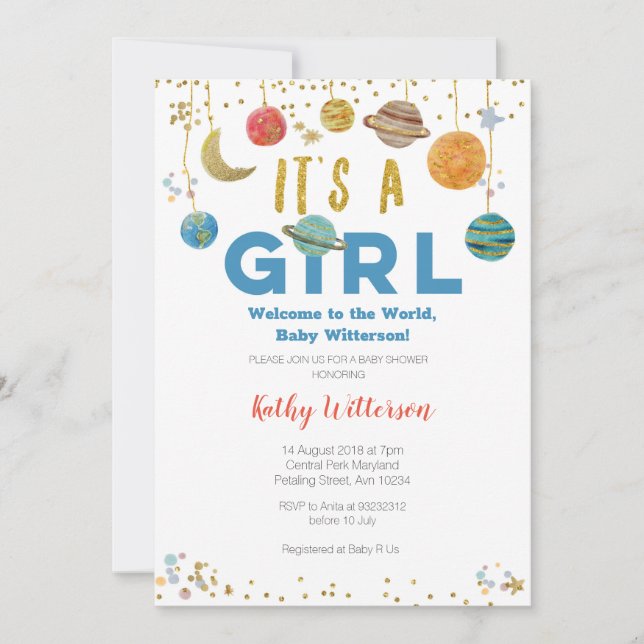 Girl Planets Outer Space Baby Shower Invitation (Front)