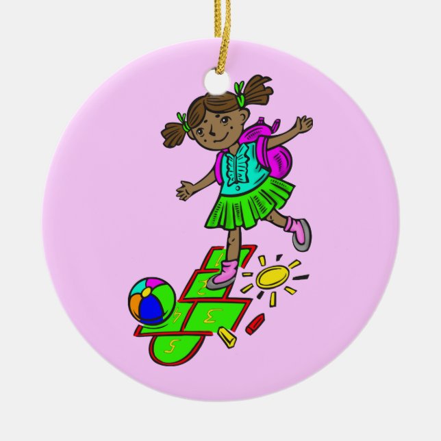 Girl Playing Hopscotch Ceramic Tree Decoration (Front)