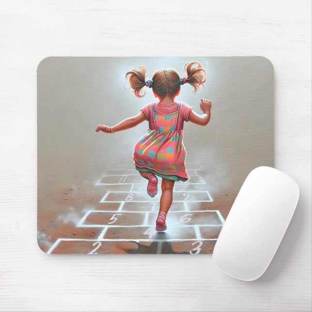 Girl Playing Hopscotch Mouse Mat (With Mouse)