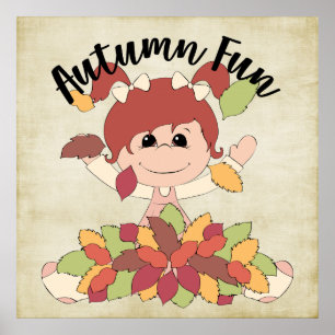 Girl Playing in Leaves - Autumn Fun Poster
