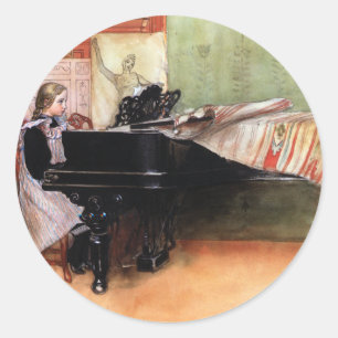 Girl Playing Piano Classic Round Sticker