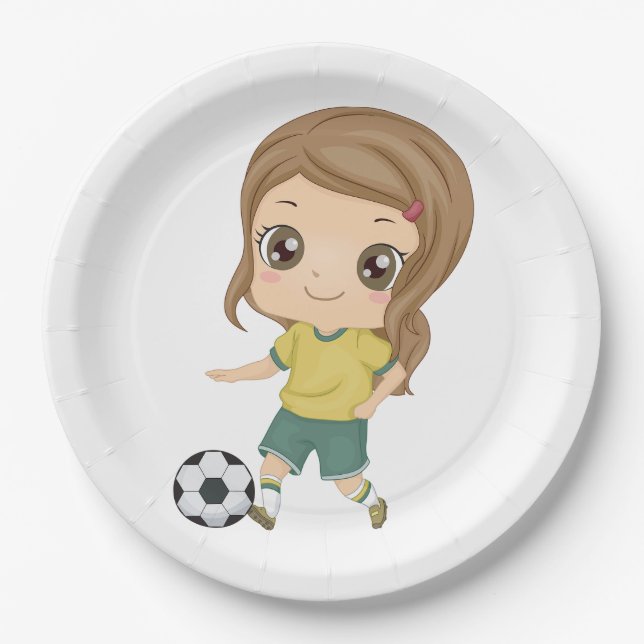 Girl Playing Soccer Adorable Kids Sports Paper Plate (Front)