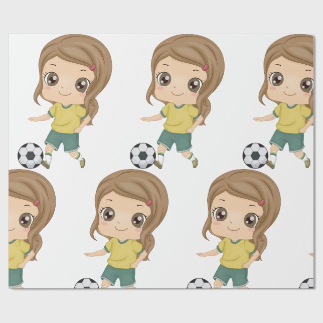 Girl Playing Soccer Adorable Kids Sports Wrapping Paper (Flat)