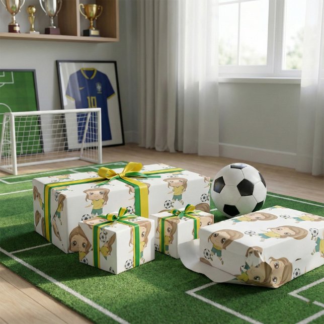 Girl Playing Soccer Adorable Kids Sports Wrapping Paper (Creator Uploaded)