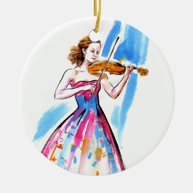 Girl playing the violin ceramic tree decoration (Front)