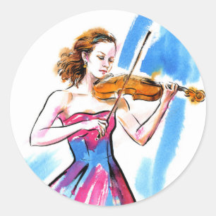 Girl playing the violin classic round sticker