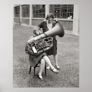 Girl Playing Tuba, 1928. Vintage Photo Poster