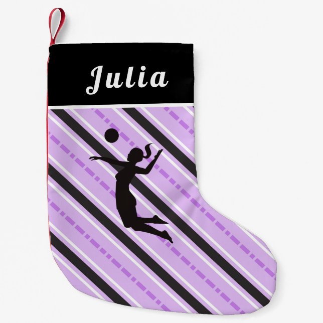 Girl Playing Volleyball Cute Pink Striped Her Name Small Christmas Stocking (Front)