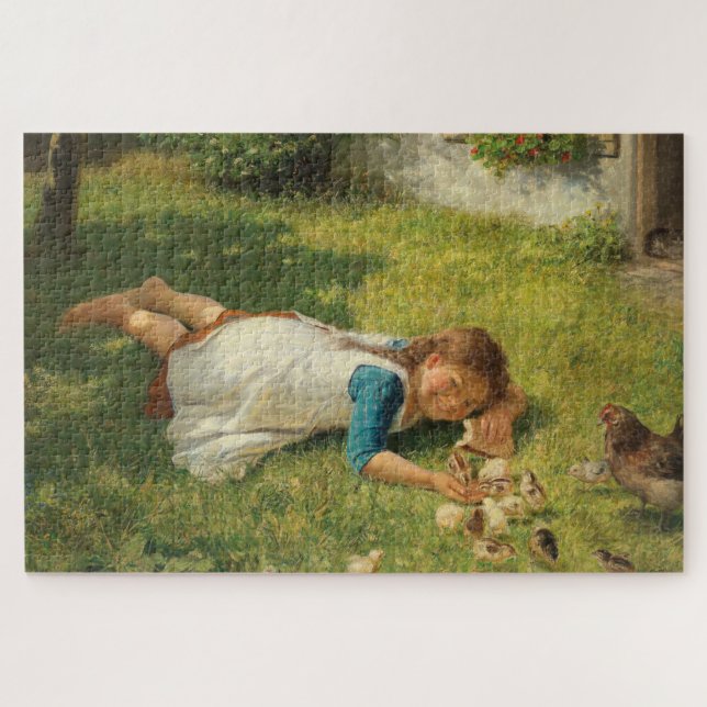 Girl Playing with Chicks (Hen and Chicken) Jigsaw Puzzle (Horizontal)
