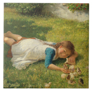 Girl Playing with Chicks (Hen and Chicken) Tile