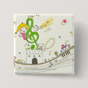 Girl playing with musical notes on house 15 cm square badge