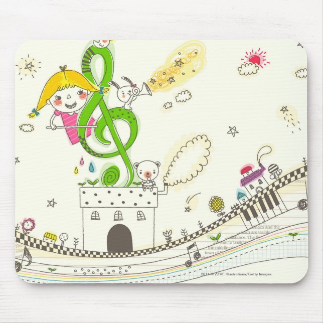 Girl playing with musical notes on house mouse mat (Front)